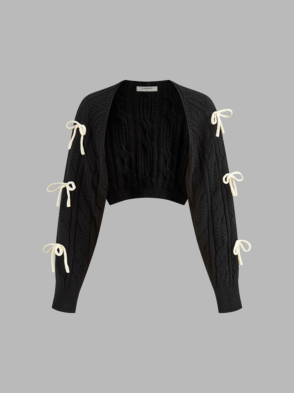 Commense Bow Knotted Cropped Cable Knit Cardigan Girly Cozy Black NWT XL